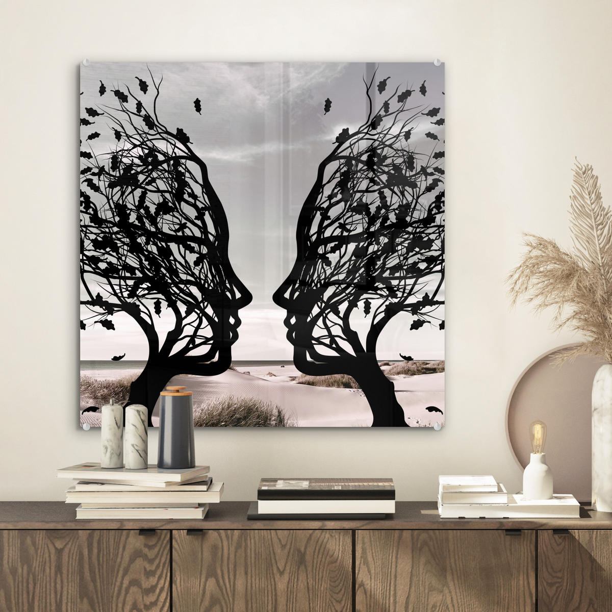 ACRYLGLASBILD Strand - Meer - Menschen - Baum - Moderne Kunst 50x50 cm - Hellgrau, Glas (50/50cm) - MuchoWow