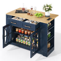 KÜCHENINSEL 120/40(65)/92 cm Blau mit Klappbarem Esstisch, 2 Steckdosen, USB, 2 Schubladen und Offenen Regalen - Blau, Holz/Holzwerkstoff (65/92/120cm) - Oxeza