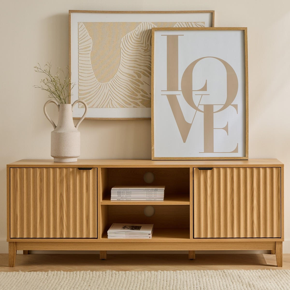 TV-MÖBEL mit 2 offenen Fächern und 2 Türen mit geriffelter Front bologne 40/52/140 cm - Eiche Bianco, Holzwerkstoff (140/52/46cm) - Calicosy