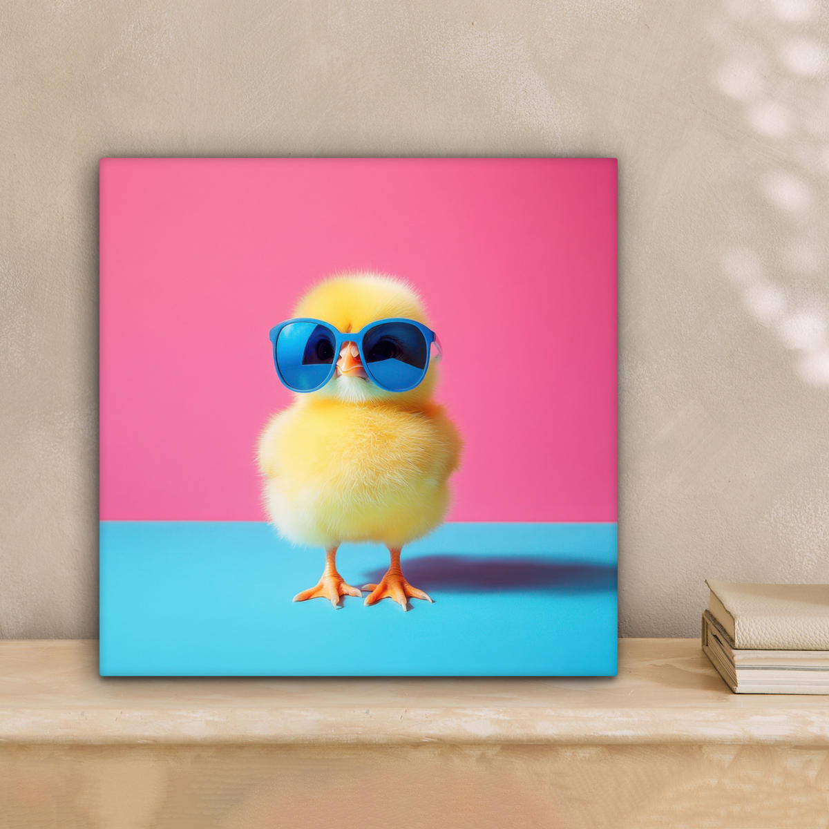 LEINWANDBILD Chick - Sonnenbrille - Blau Deko Wohnzimmer 20x20 cm - Pink/Gelb, Textil (20/20cm) - MuchoWow