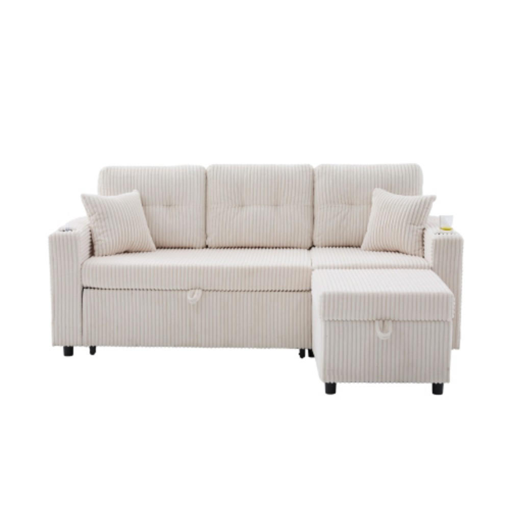 ECKSOFA mit Stauraumfunktion,Cordstoff,Beige - Beige, Textil (144/195cm) - KOMHTOM