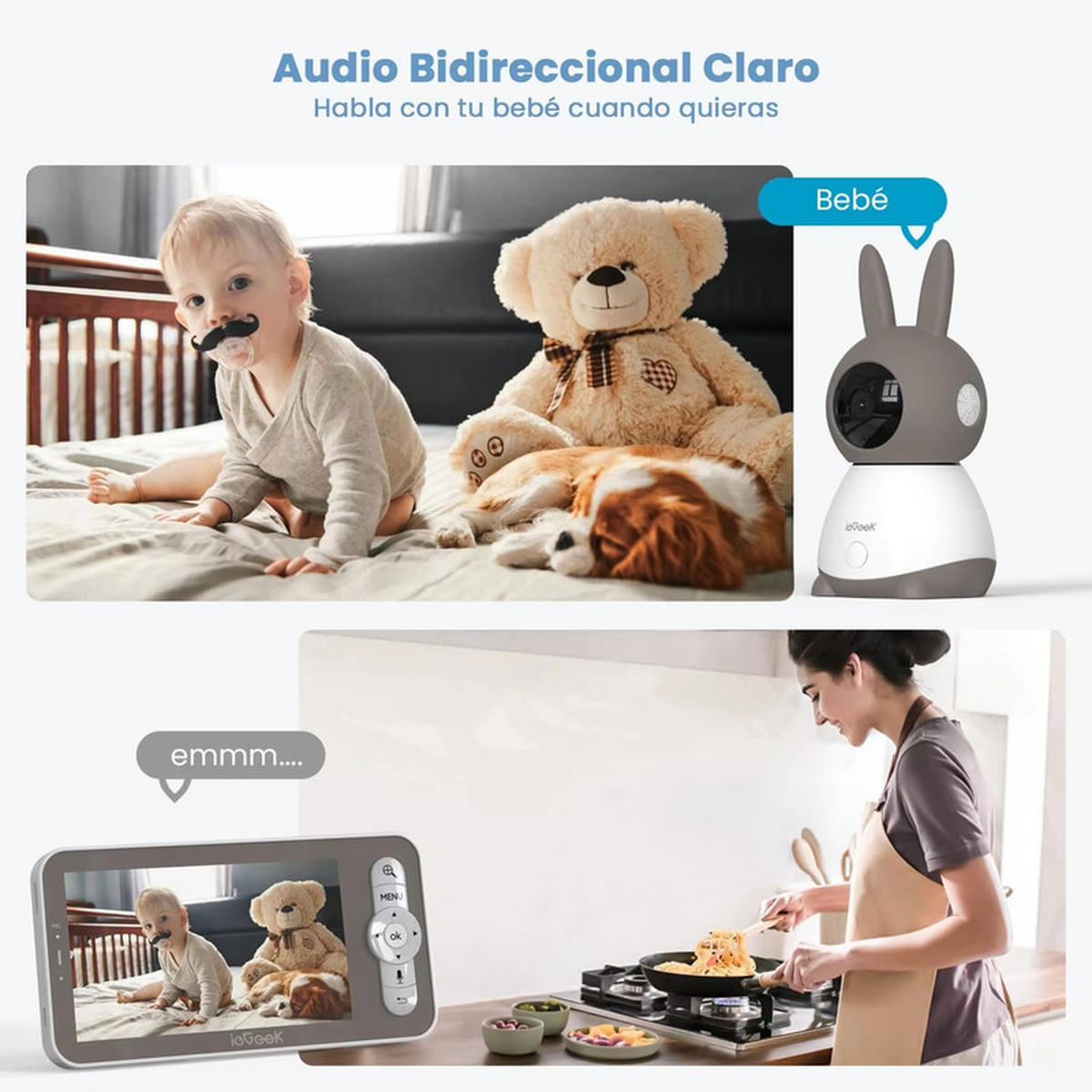 BABYPHONE 5 Zoll 2K 3MP 360° PTZ Kamera Bewegungserkennung Monitor - Grau, Kunststoff - Kaket