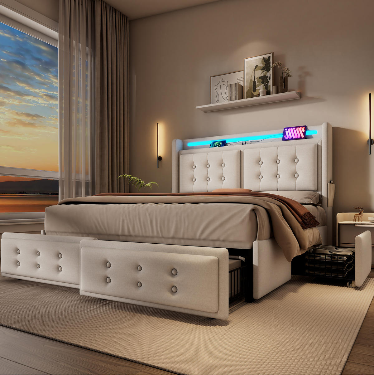 BETT mit LED, USB-C und 4 Schubladen 140x200 cm Beige - Beige, Metall (140/200cm) - Meubliv