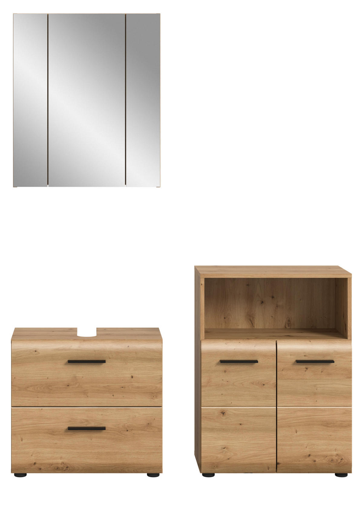 BADMÖBEL-SET 3-teilig in Eiche Artisan, Badkombination modern mit Vollauszug Schubkästen, Breite 135 cm - Schwarz/Eiche Artisan, Glas/Holzwerkstoff (135/185/30cm) - Inn.Furn