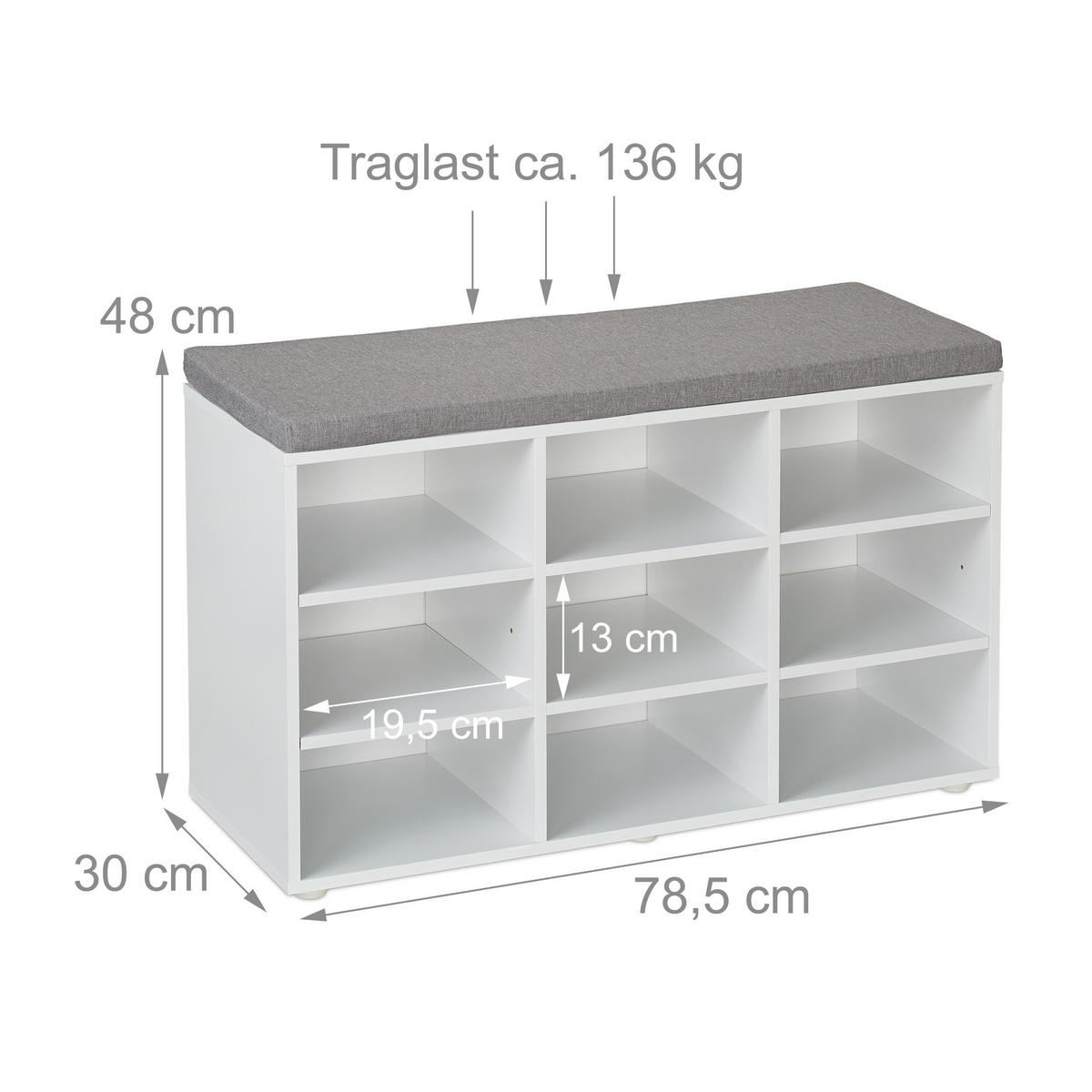 SCHUHBANK Weiß Grau gepolstert 9 Fächer 48x78,5x30 cm - Weiß/Grau, Holz/Holzwerkstoff (78.5/48/30cm) - Relaxdays