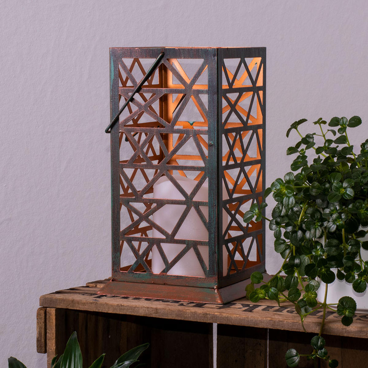 LED AUSSENLEUCHTE Feuereffekt Rostgrün - Braun, Metall (14/14/27cm)