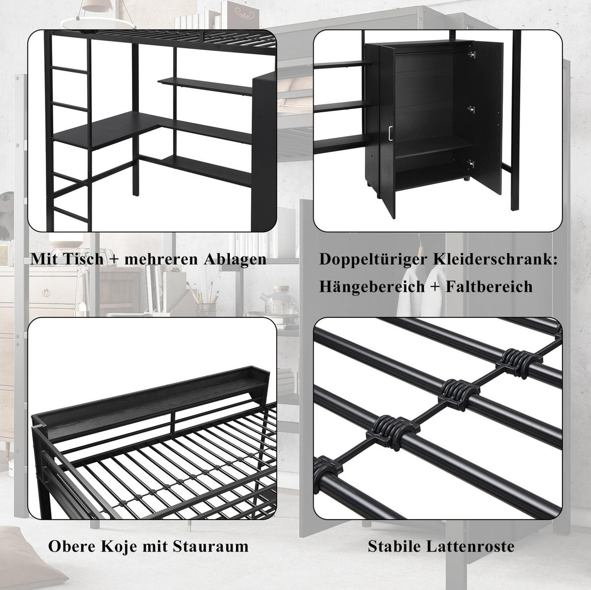 ETAGENBETT aus Metall und Spanplatte 90x200 cm Schwarz mit Schreibtisch und Kleiderschrank - Weiß, Metall (90/200cm) - IVMEU