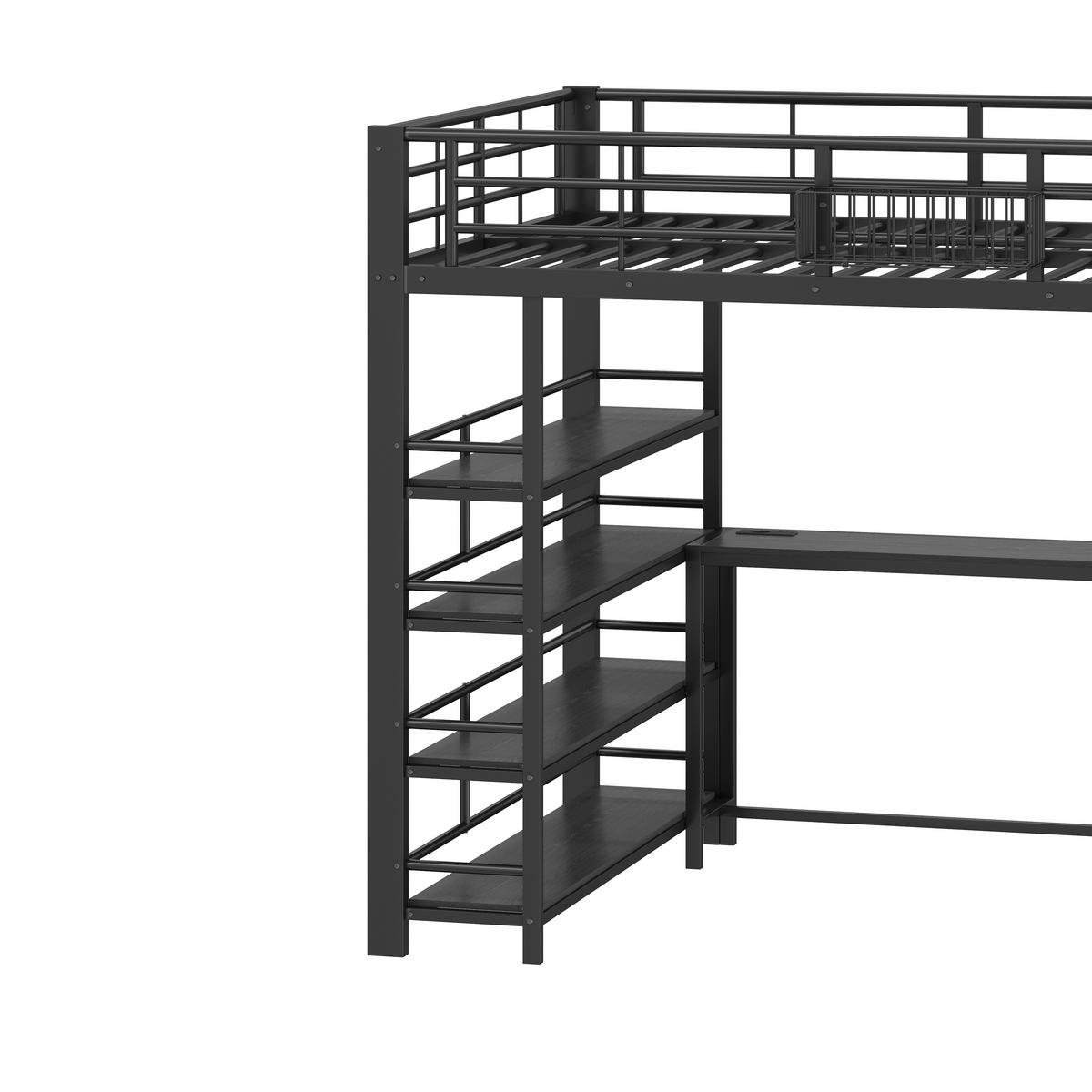 HOCHBETT 140/200 cm in Schwarz mit Schreibtisch, Regal, Aufbewahrungskorb, LED und USB Metallbett - Schwarz, Holzwerkstoff/Metall (140/200cm) - STILVORA