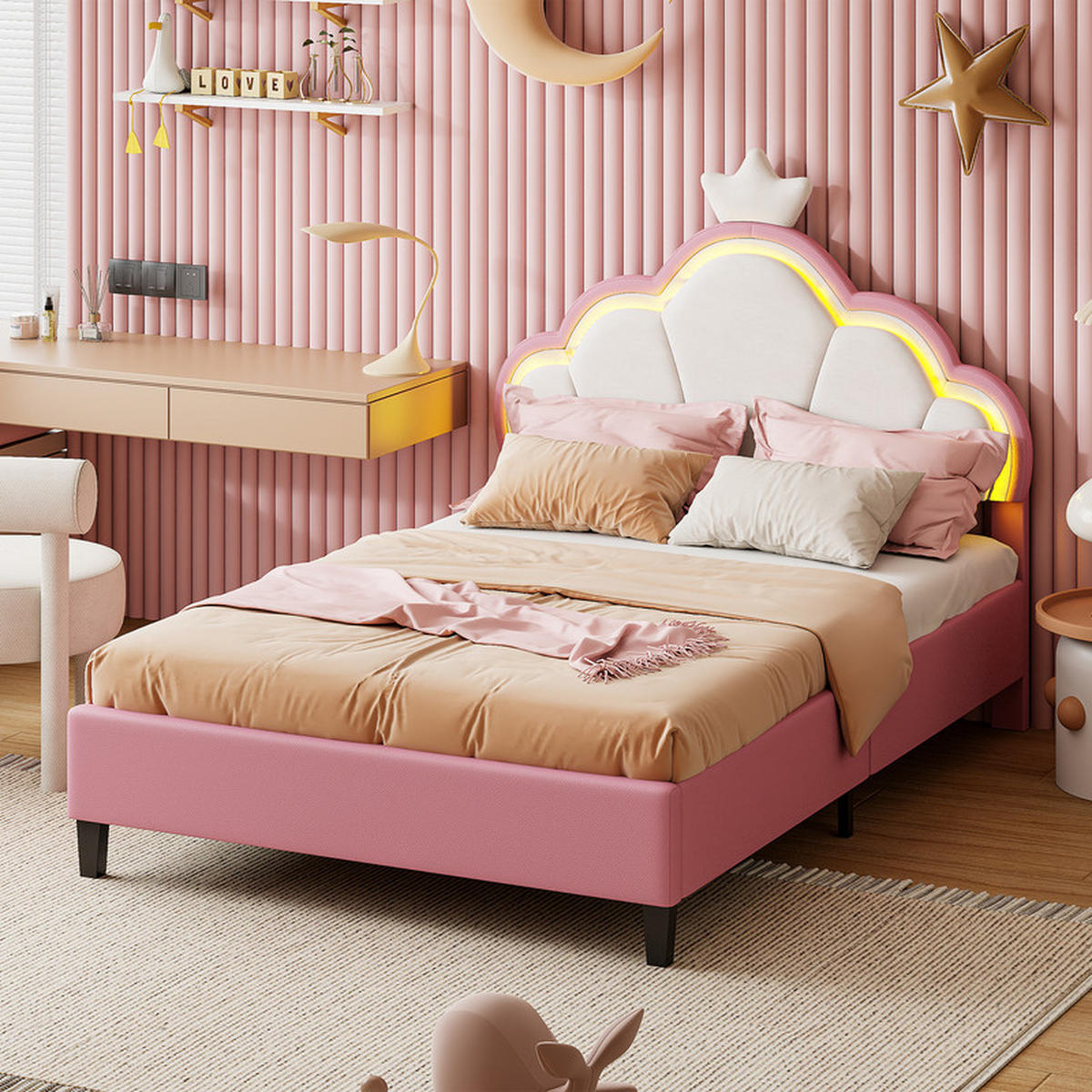 KINDERBETT 140x200cm, Samt, Rosa, Mädchenbett, mit LED-Lichtleiste, ohne Matratze - Rosa, Holz (140/200cm) - WoodenAura