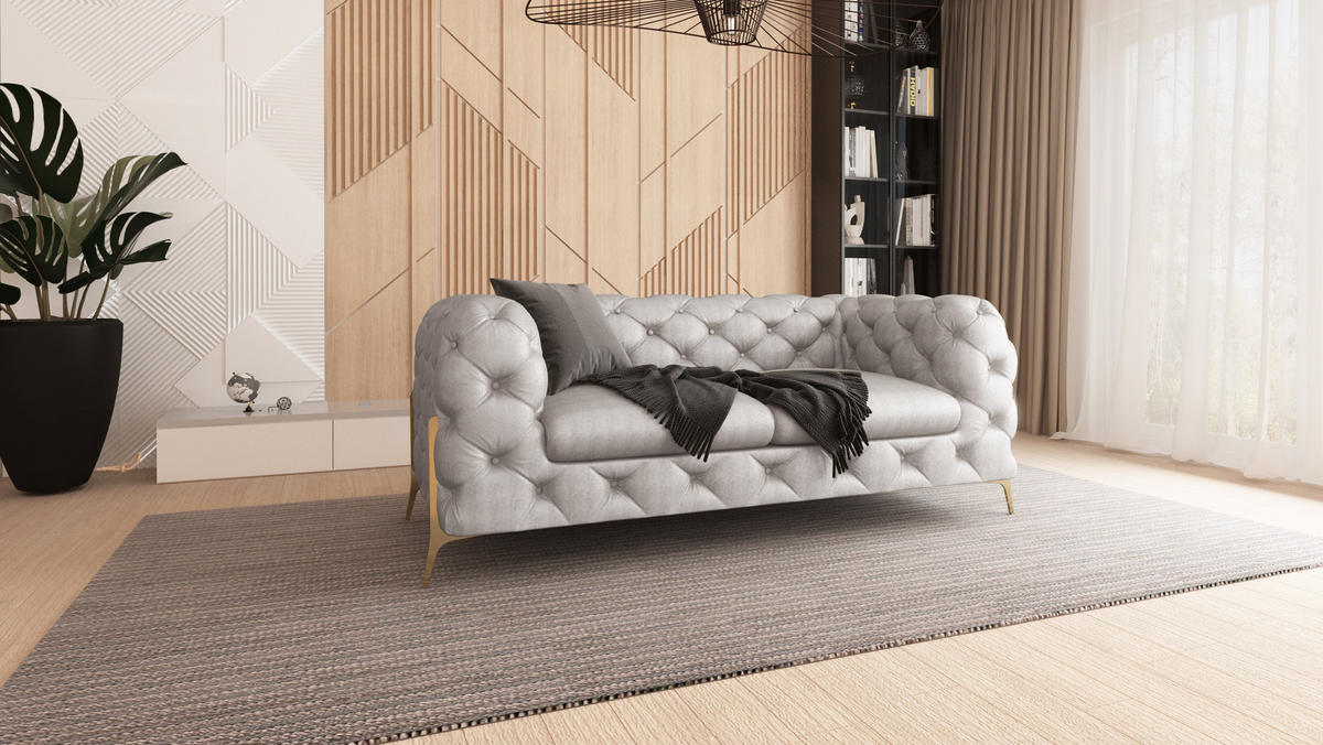 SITZGARNITUR 3+2+1 Chesterfield Vertex Grau Samt - Goldfarben/Grau, Holz/Textil (225/75/100cm) - S-Style Möbel