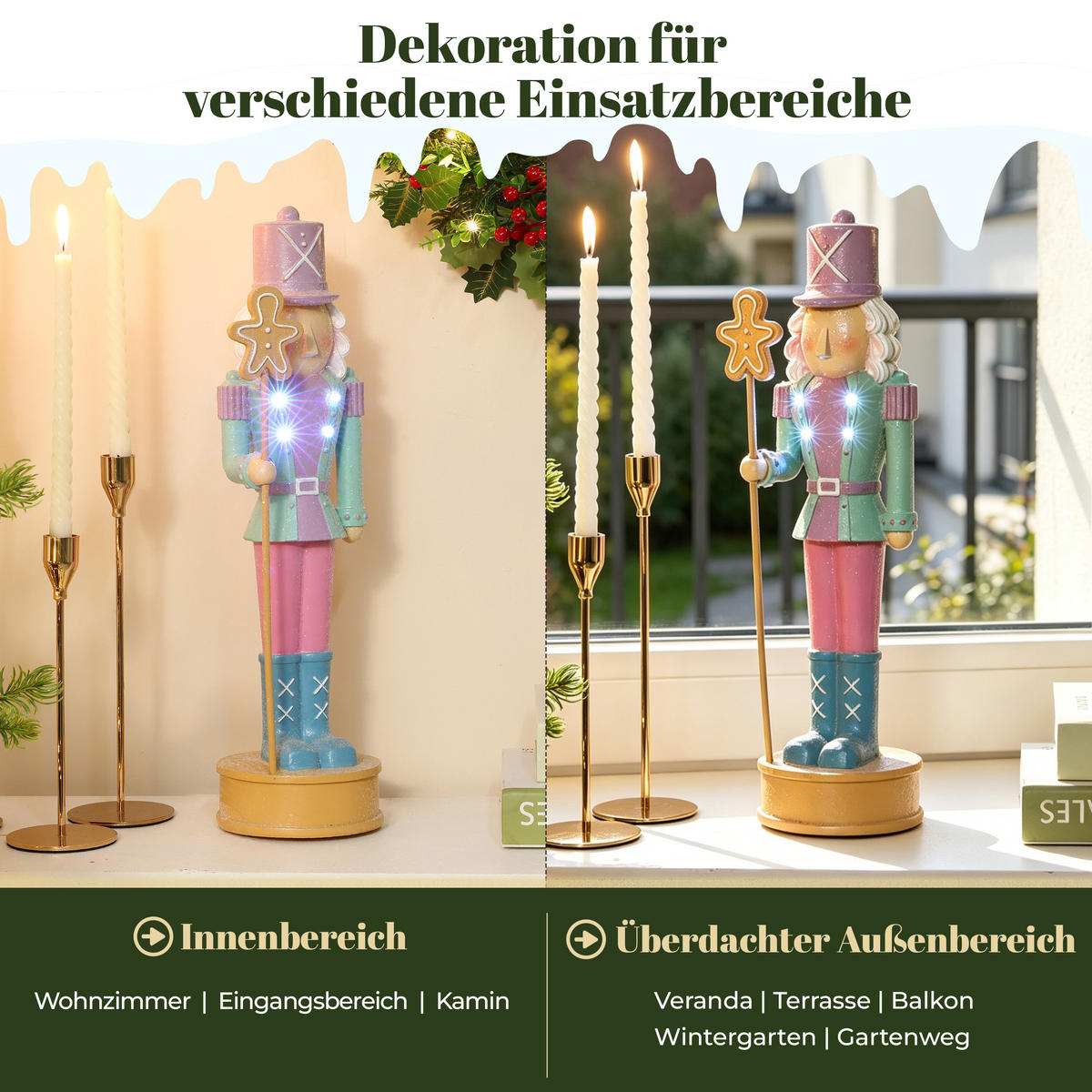 NUSSKNACKER Figur mit LED B13 x T12 x H45 cm - Pink, Naturmaterialien (12/45/13cm) - Hometopia