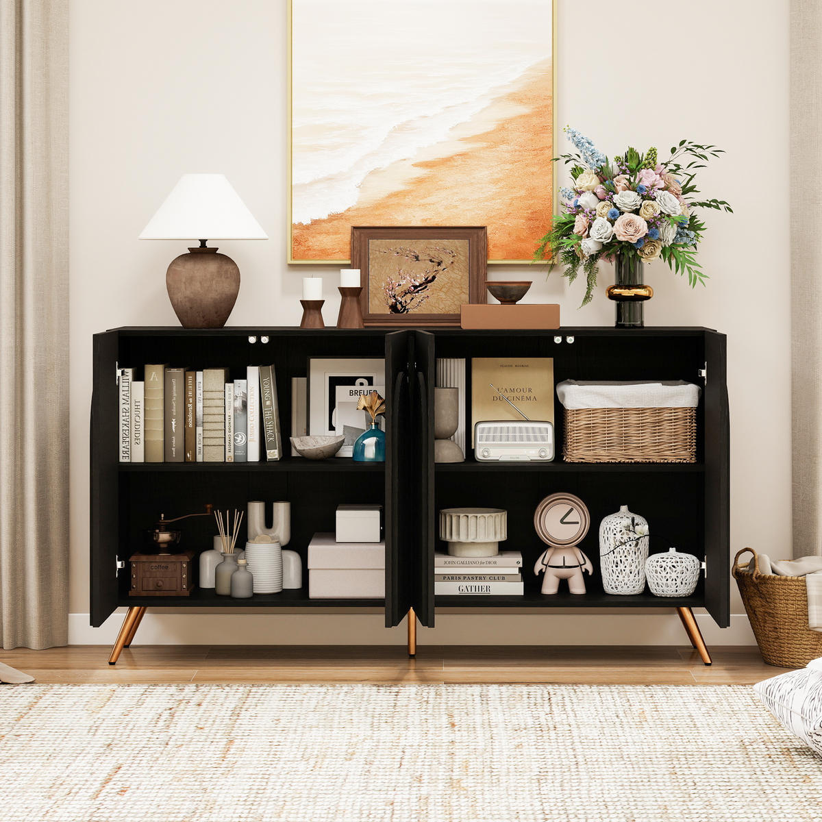 SIDEBOARD 150/38/83 cm schwarz aus Holzwerkstoff mit verstellbaren Einlegeböden - Schwarz, Holzwerkstoff (150/83/38cm) - OKWISH