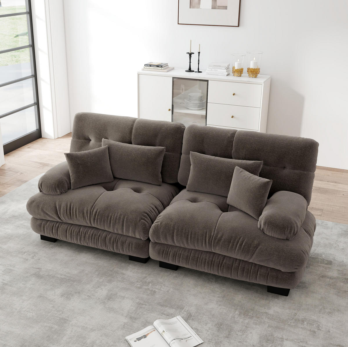 SOFA modular Chenille Brown mit Deko- und Lendenkissen - Dunkelgrau, Kunststoff (77/81/220cm) - Meubliv