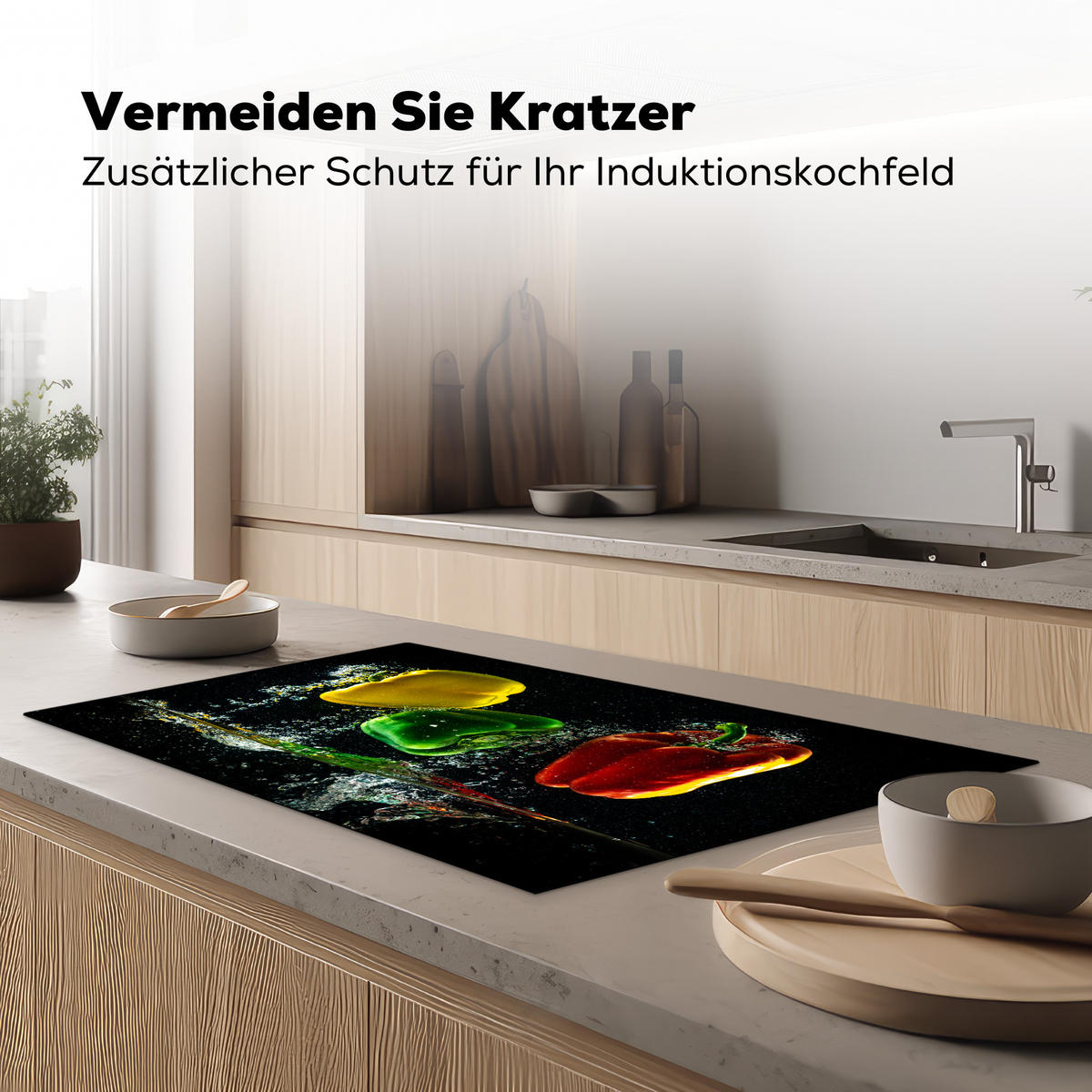 HERDABDECKPLATTE Paprika - Gemüse - Wasser - Schwarz - Rot - Grün - Gelb Ceranfeldabdeckung 90x52 cm - Multicolor, Kunststoff (90/52/0.2cm) - MuchoWow