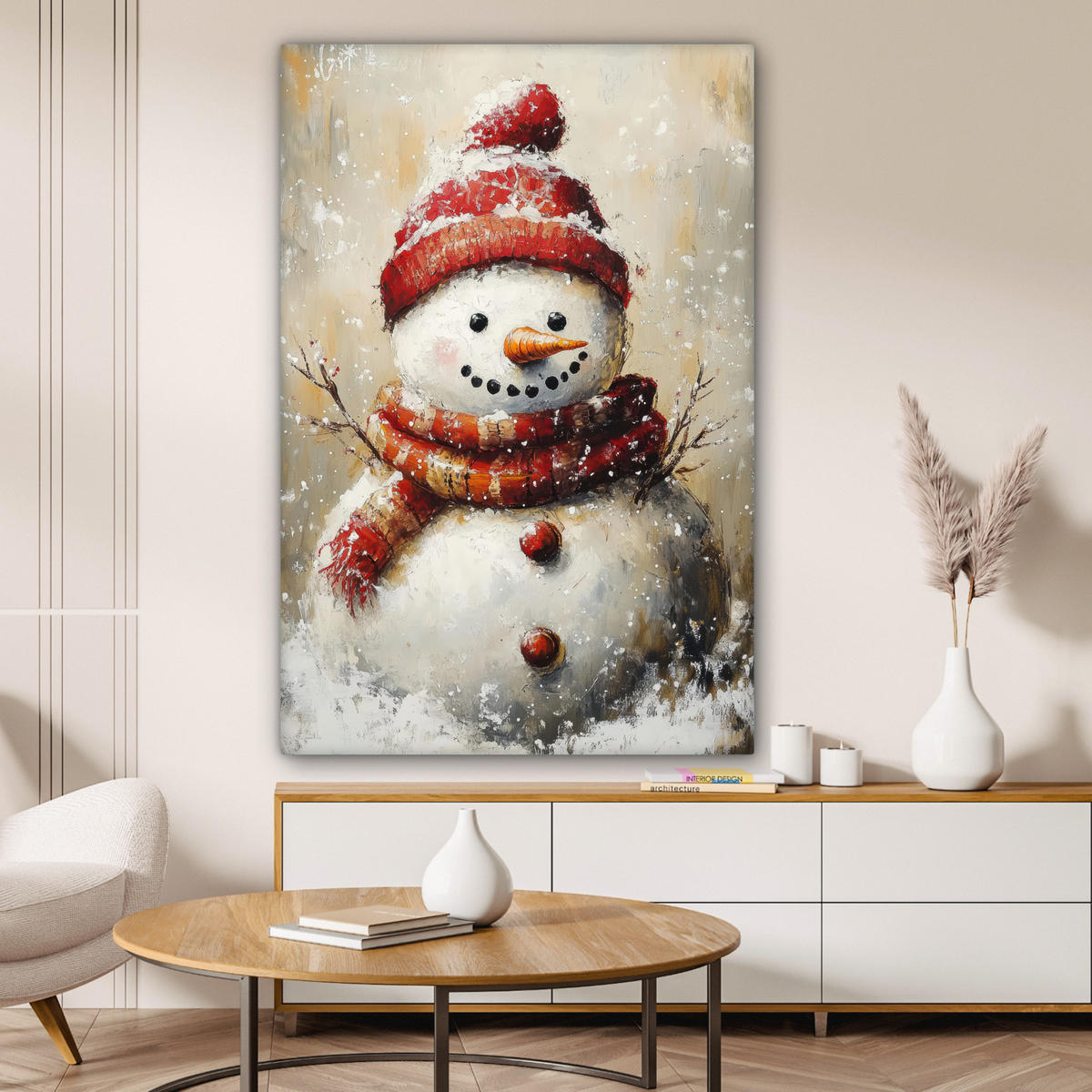 LEINWANDBILD Schneemann - Winter - Schnee - Beige 90x140 cm - Weiß, Textil (90/140cm) - MuchoWow