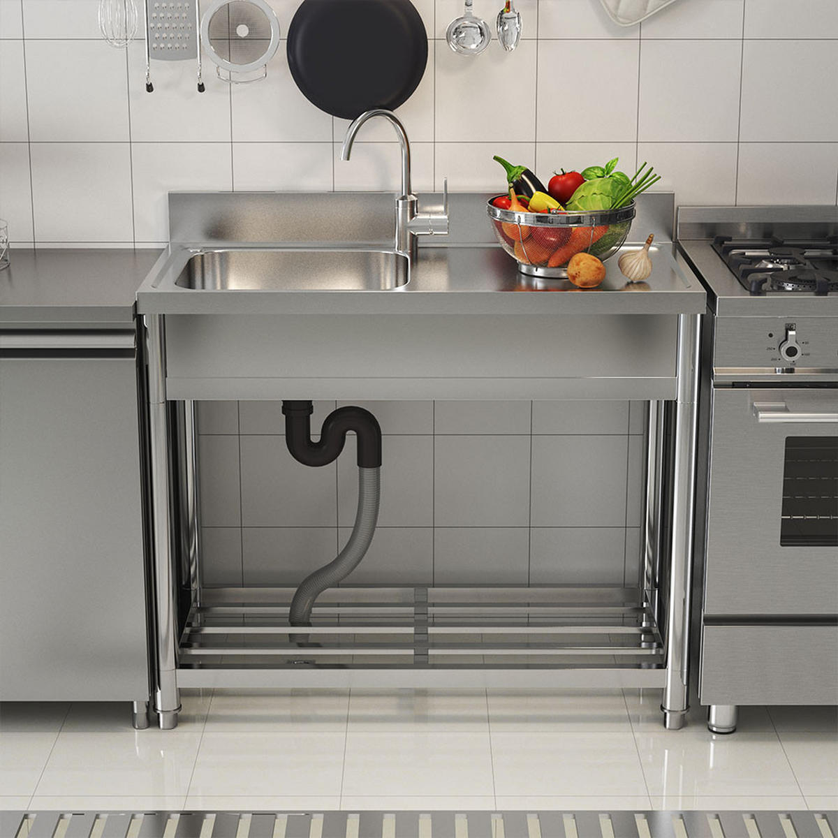 SPÜLBECKEN mit Abtropffläche aus Edelstahl in Silber Robuste Ausführung Großzügiges Einzelbecke Integrierte Rückwand 100 x 50 x 90 cm - Silberfarben, Metall (100/90/50cm) - Livingandhome