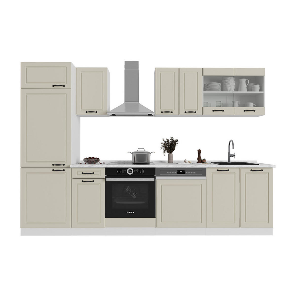 KÜCHENZEILE R-Line, Sand Landhaus/Weiß, 300 cm Arbeitsplatte Marmor - Beige/Weiß, Holzwerkstoff (300/206.8/60cm) - Vicco
