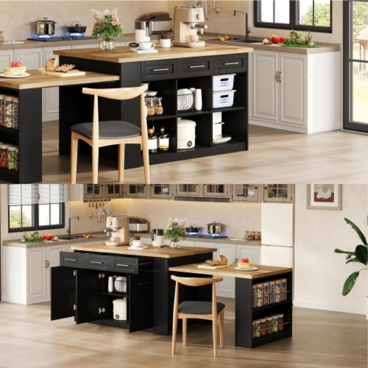KÜCHENINSEL Schwarz-Natur aus MDF mit integriertem ausziehbarem Esstisch 150 × 90 × 90 cm - Schwarz, Holzwerkstoff (150/90/90cm) - Luhomfu