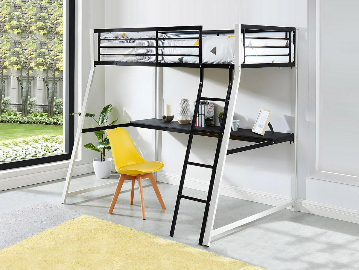 HOCHBETT mit Schreibtisch - 90 x 190 cm - Schwarz & Weiß - MALICIA - Schwarz, Metall (138/200cm) - Vente-Unique