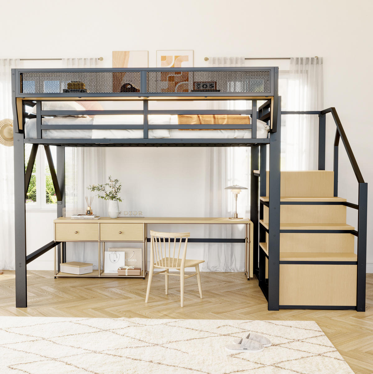 HOCHBETT 140/200 cm schwarz aus Metall und MDF mit Leiter und Ablagefach - Schwarz, Metall (140/200cm) - OKWISH