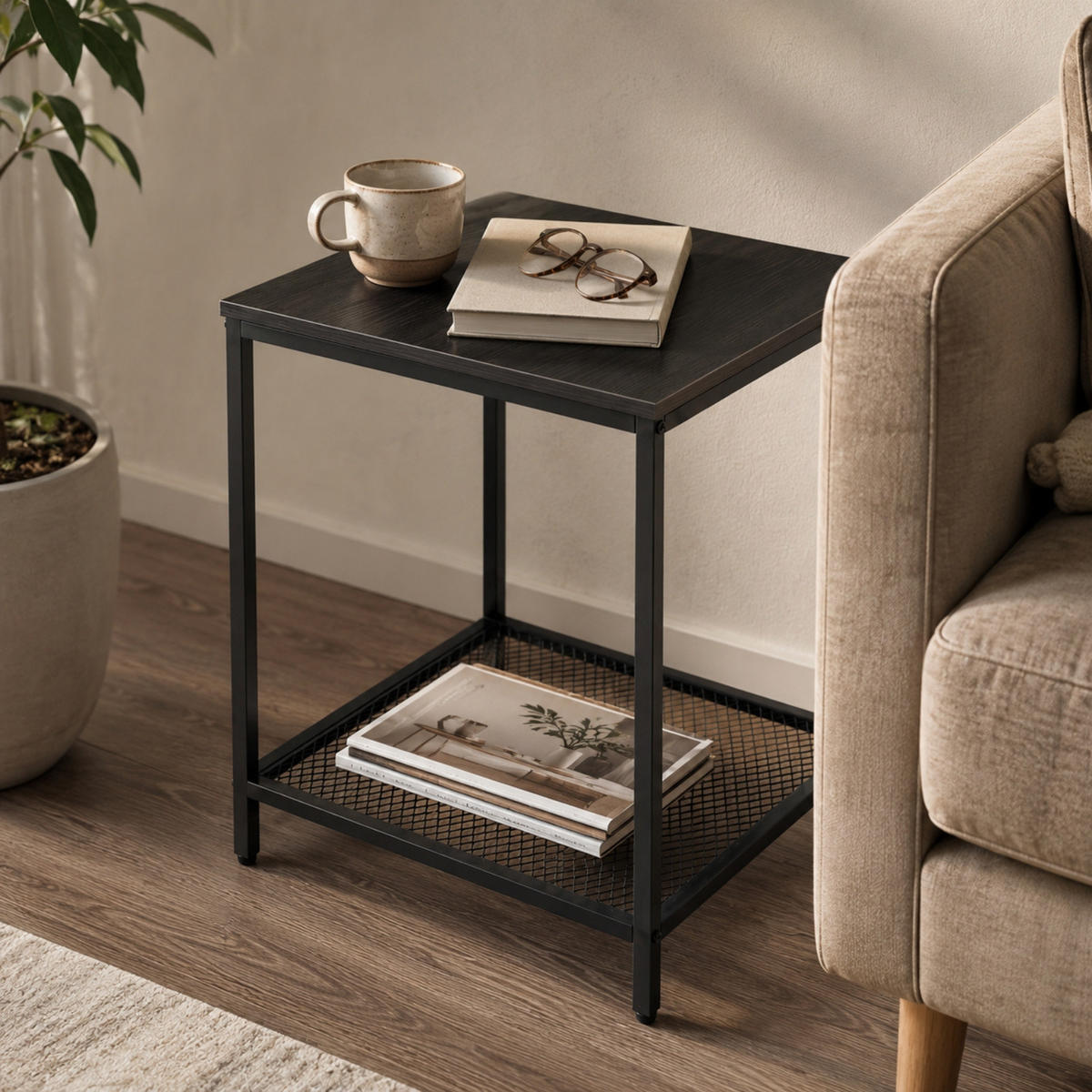 BEISTELLTISCH mit Gitterablage quadratisch Schwarz 45/45/55 cm - Schwarz, Metall (45/45/55cm) - SCENA LIVING