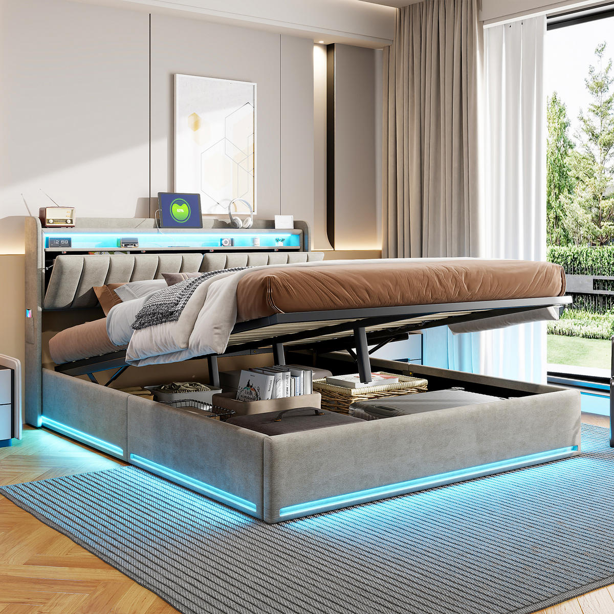 DOPPELBETT 160x200 cm mit Stauraum, LED & USB, gepolstert, Velours, grau - Grau, Metall (160/200cm)