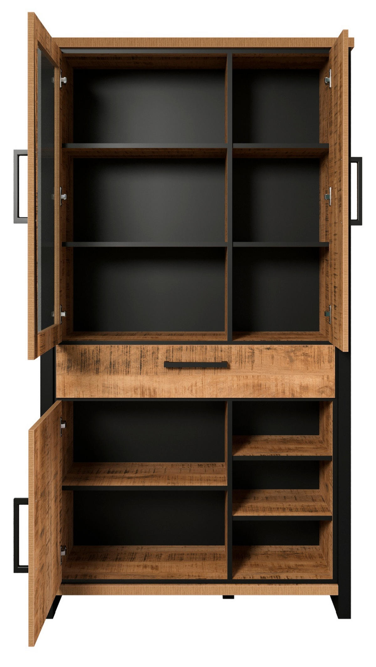 VITRINE Mango, schwarz 106 x 195 cm, Vitrinenschrank für Wohn- und Esszimmer - Schwarz/Naturfarben, Glas/Holzwerkstoff (106/195/45cm) - Top.Furn
