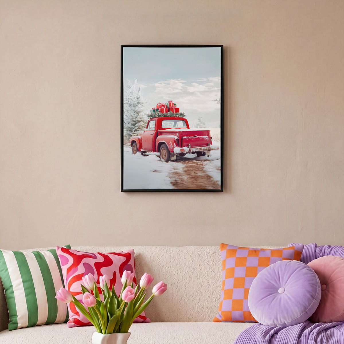 LEINWAND Bilder mit Rahmen - Auto - Rot - Geschenke - Winter - Schnee - Weihnachten - 40x60 - Rot, Textil (40/60cm) - MuchoWow