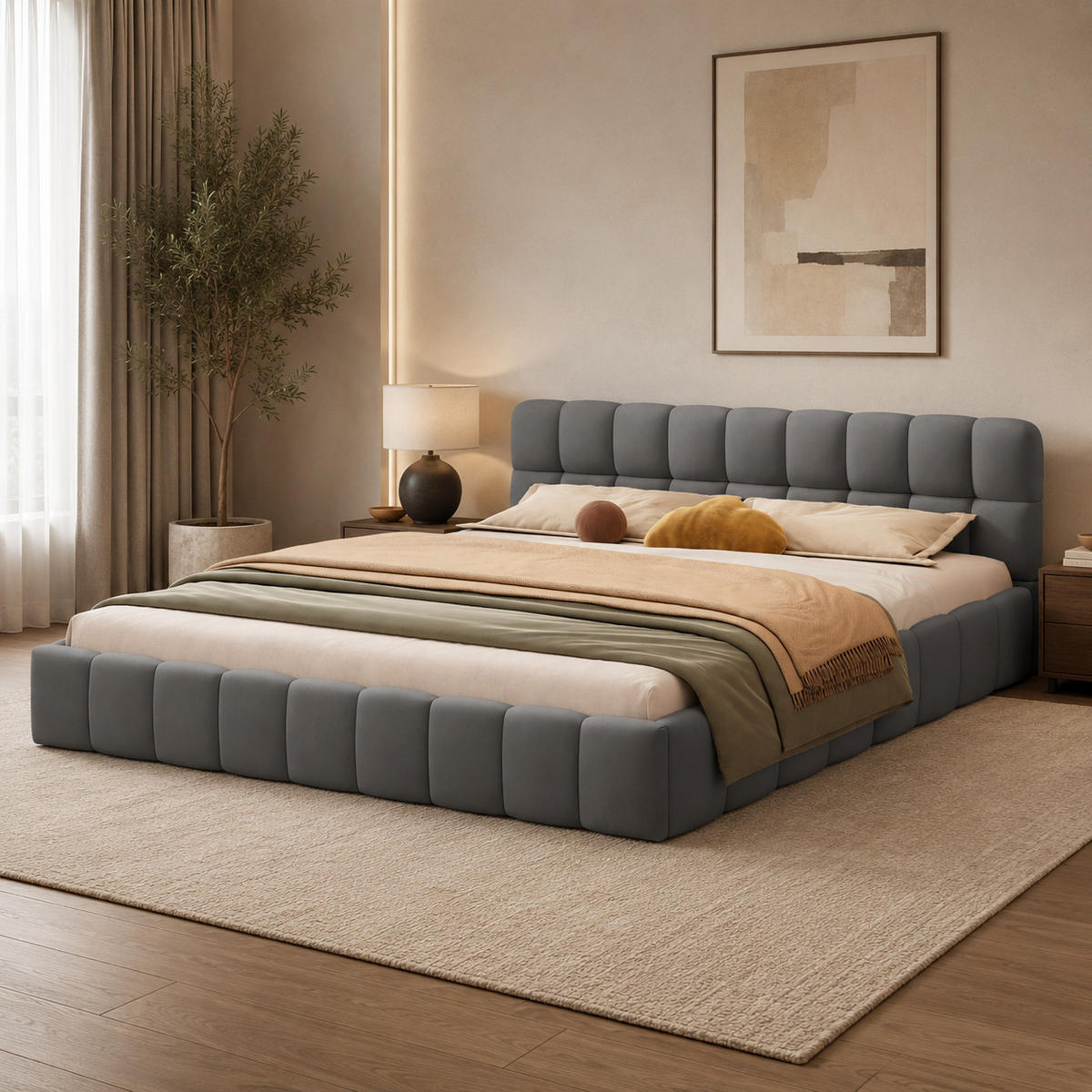 POLSTERBETT 160/200 cm in Grau, Puff Stoffbett mit voll gepolstertem Rahmen, modernes Schlafzimmer Bettgestell - Grau, Holz/Metall (160/200cm) - Joyfair