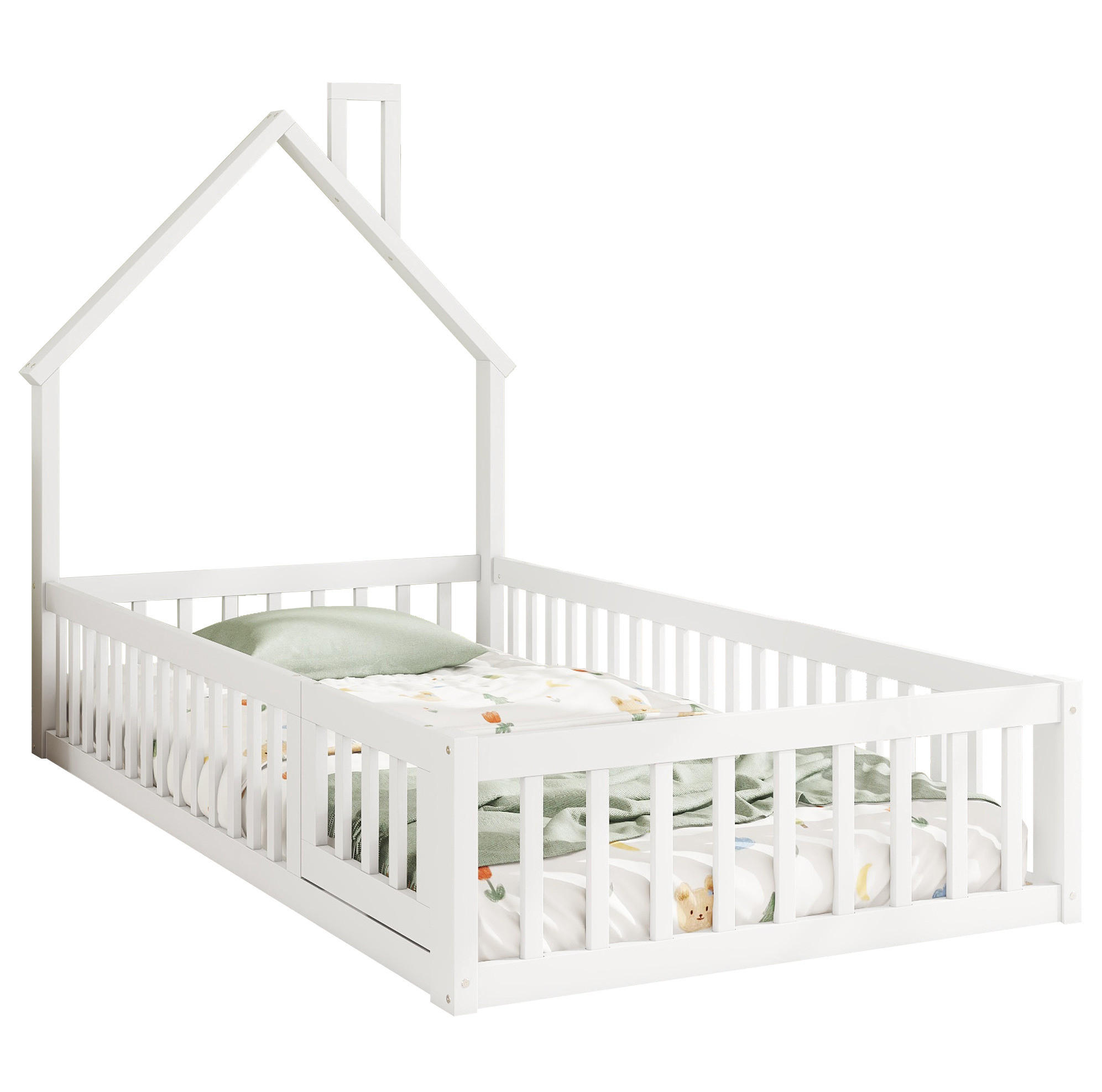 KINDERBETT Kindereinzelbetten 90/200 cm mit Lattenrost, Schornstein-Design und Sicherheitsgitter aus Kiefer und MDF, Weiß - Weiß, Holzwerkstoff (90/200cm) - Redom