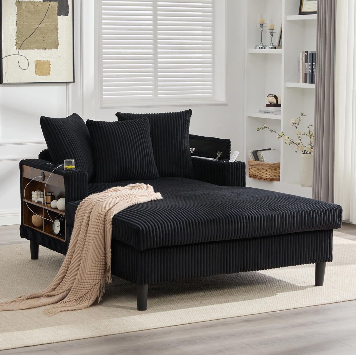CHAISELONGUE 129/170/70 cm mit LED-Beleuchtung, USB-Anschluss, Becherhaltern und Stauraum, Schwarz - Schwarz, Textil (170/70/129cm) - Redom