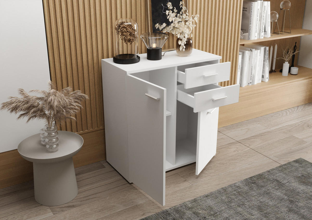 KOMMODE London LMK 2D2S mit 2 Türen, Sideboard in Farbe: Weiß, Größe: 71 x 75 x 35 cm - Weiß, Holzwerkstoff (71/75/35cm) - O-Sofa