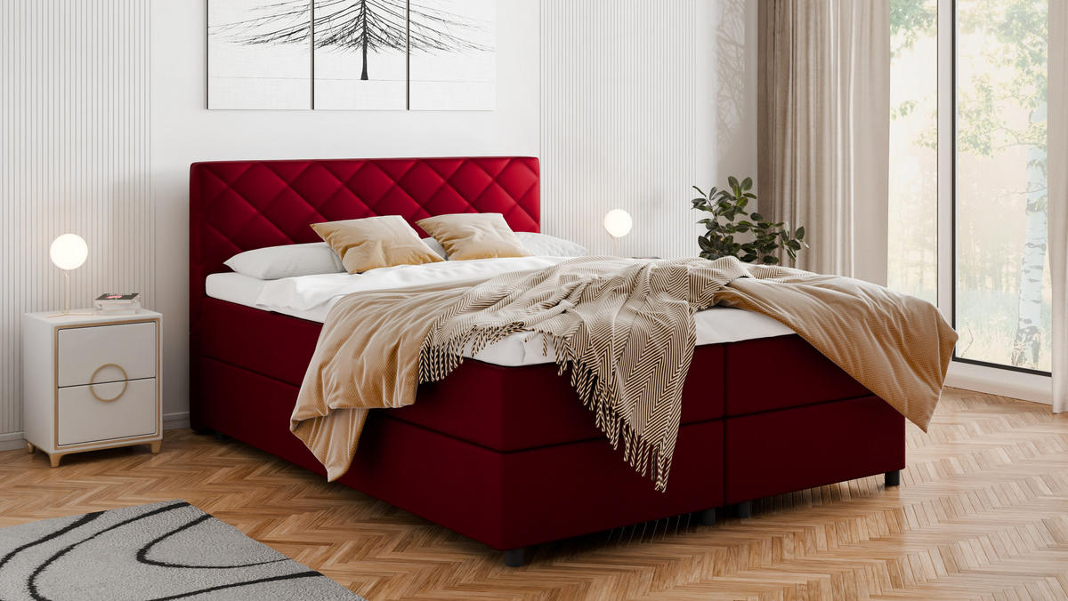 BOXBETT Diamaro 160x200 cm mit Bettkasten und Topper - Rot - Rot, Holz (160/200cm) - Panda Möbel