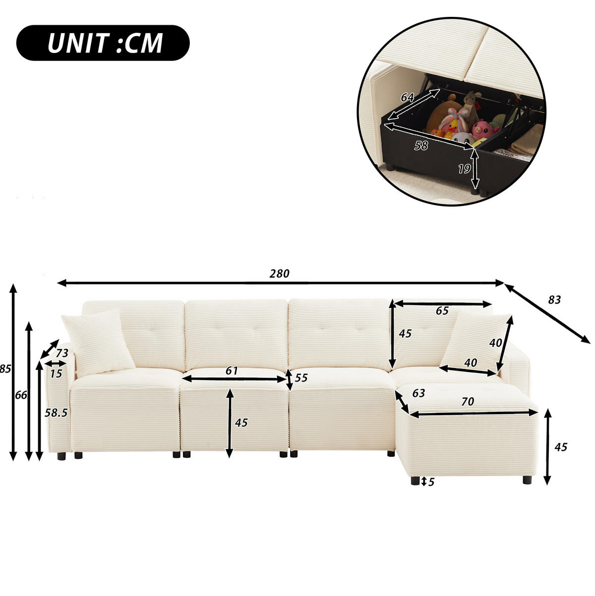 ECKSOFA 280/146/85 cm Beige aus Cord mit Stauraum und Hocker - Beige, Textil (146/280cm) - OKWISH
