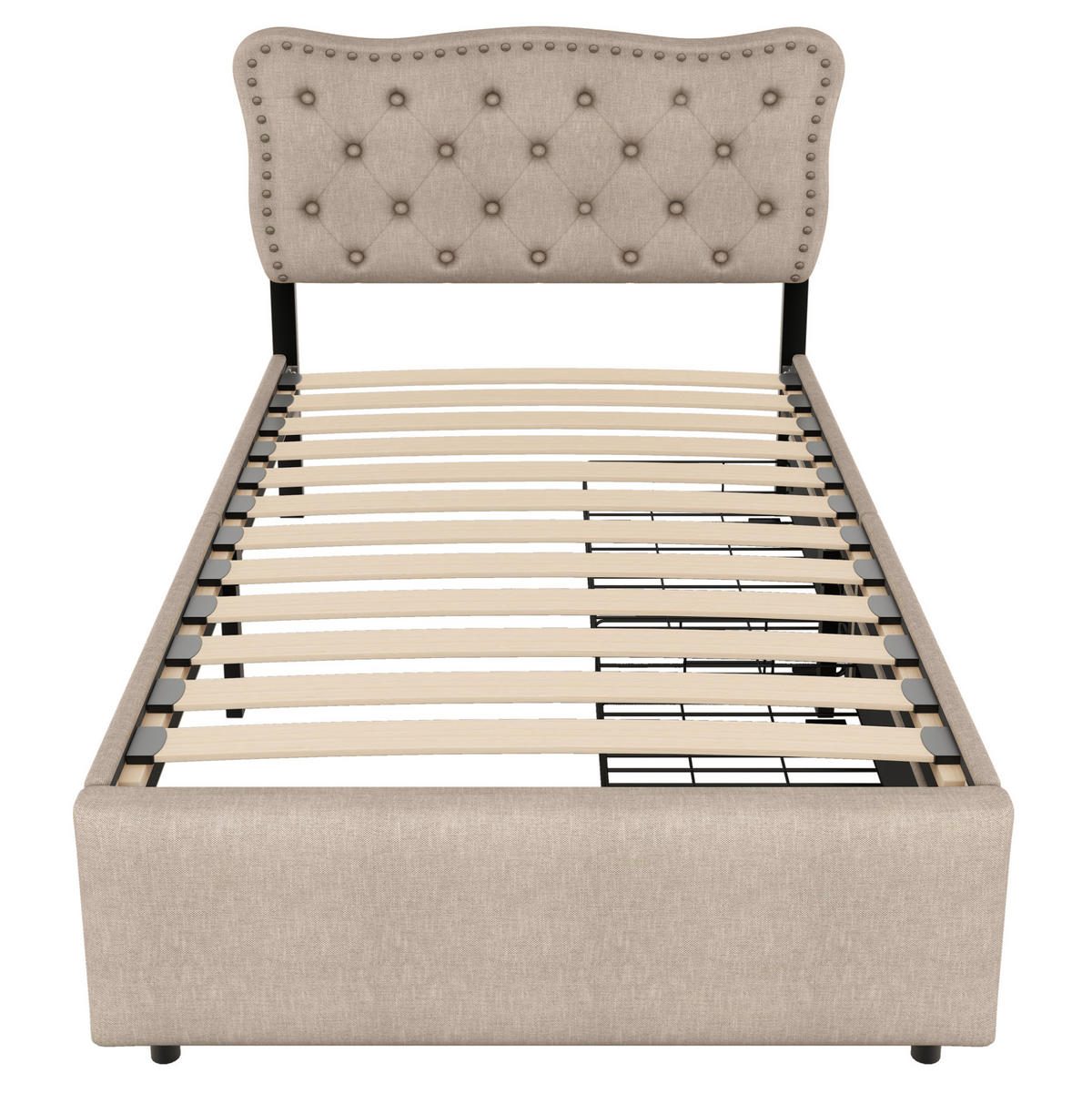 POLSTERBETT 90/200 cm aus Leinen und MDF mit 2 Schubladen und verstellbarem Kopfteil, Dunkelbeige - Beige, Holzwerkstoff (90/200cm) - Redom