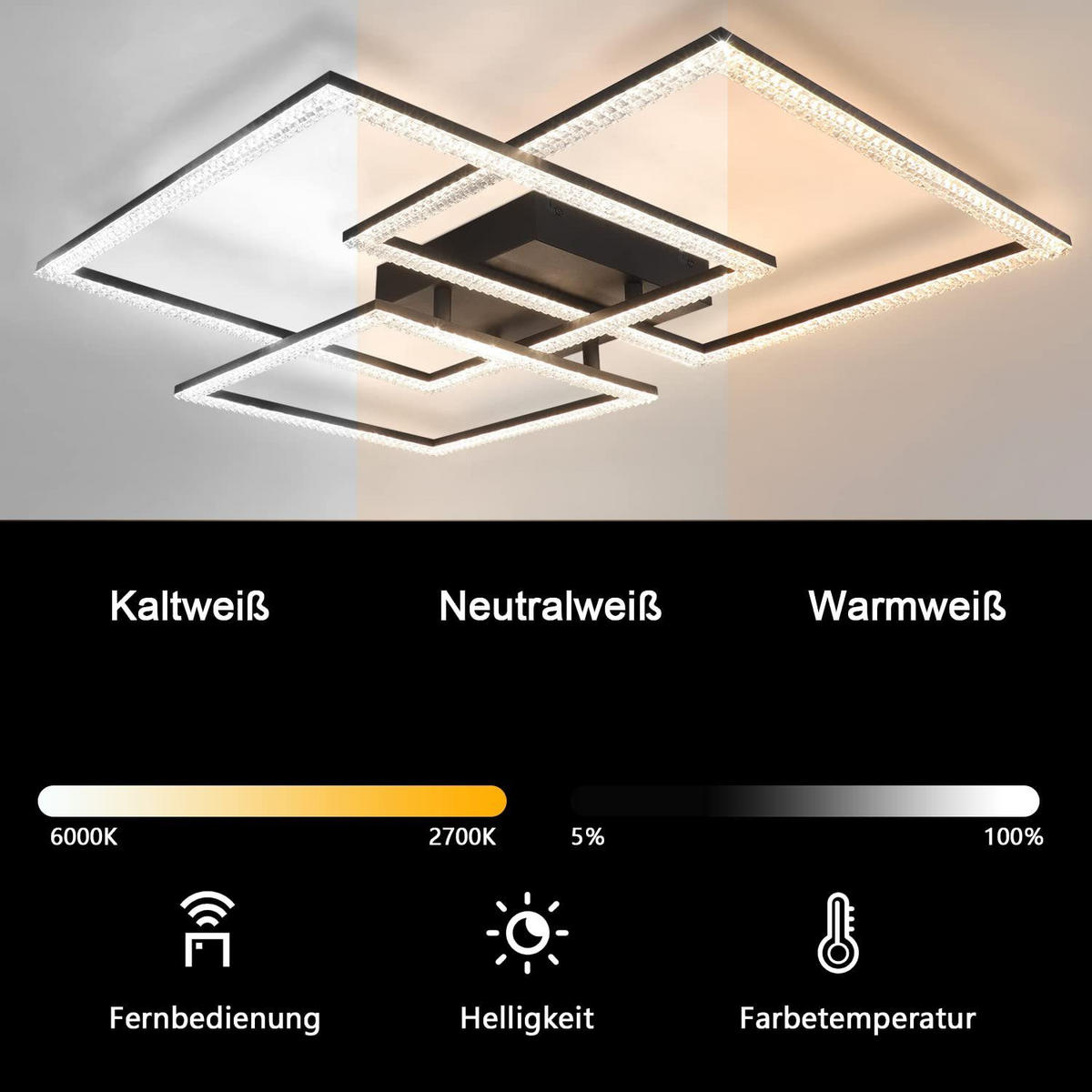 LED-DECKENLEUCHTE Lohnzahn 60.0/8.0/60 cm - Schwarz, Metall (60/60/8cm) - ZMH
