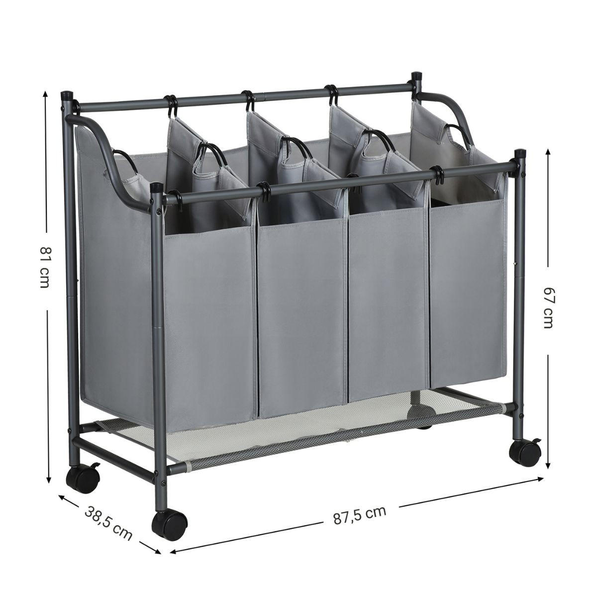 WÄSCHESAMMLER mit 4 abnehmbaren Taschen Grau auf Rollen - L87,5 cm - Grau, Metall (81/38.5/87.5cm) - Calicosy