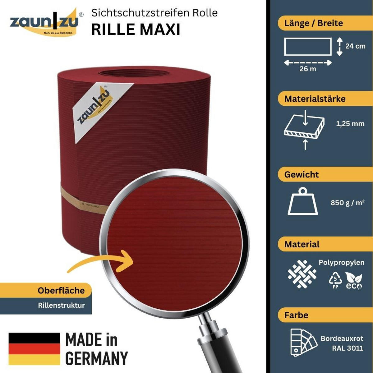 SICHTSCHUTZSTREIFEN Rille Maxi Rolle für Doppelstabmatten 24cm hoch Bordeauxrot 26m - Bordeaux, Kunststoff (2600/24cm) - ZAUN|ZU