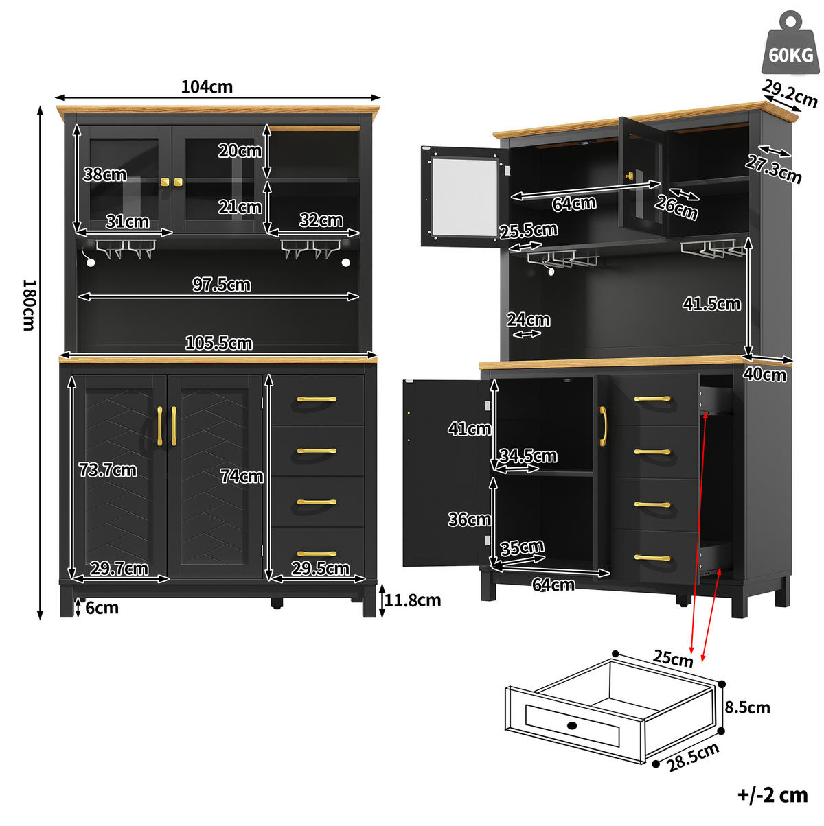 BUFFETSCHRANK 105,5/40/180 cm mit LED-Lichtleiste, viel Stauraum und Anti-Kipp-Sicherung, Schwarz - Schwarz, Holzwerkstoff (105.5/180/40cm) - Redom