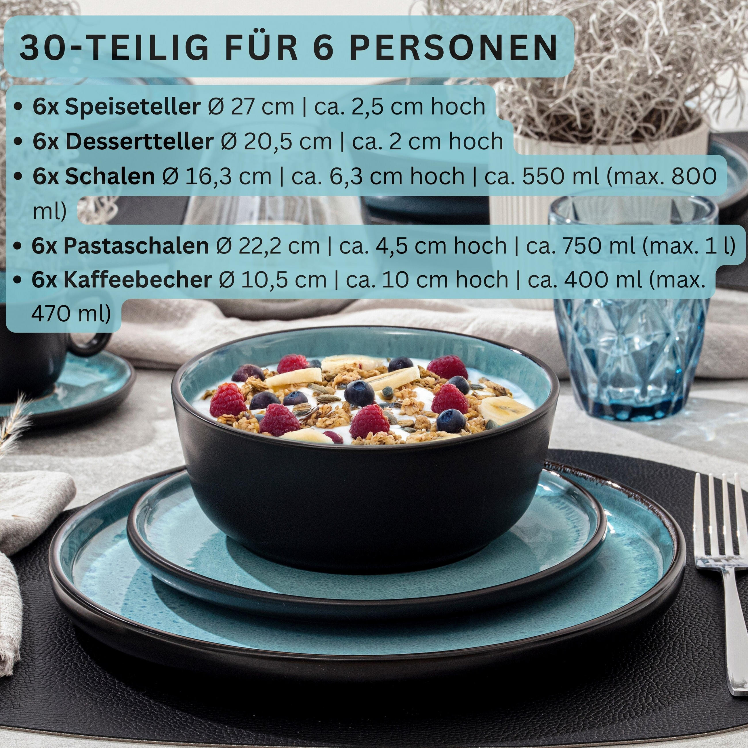 KOMBISERVICE GRANADA - 30 teilig aus Steingut - Blau, Stein (27/10.4/27cm) - Sänger