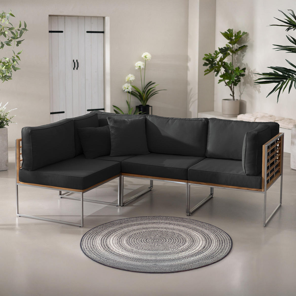 LOUNGESET - 4-teilig - Webstoff / Teak massiv - Anthrazit, Holz/Textil - home24