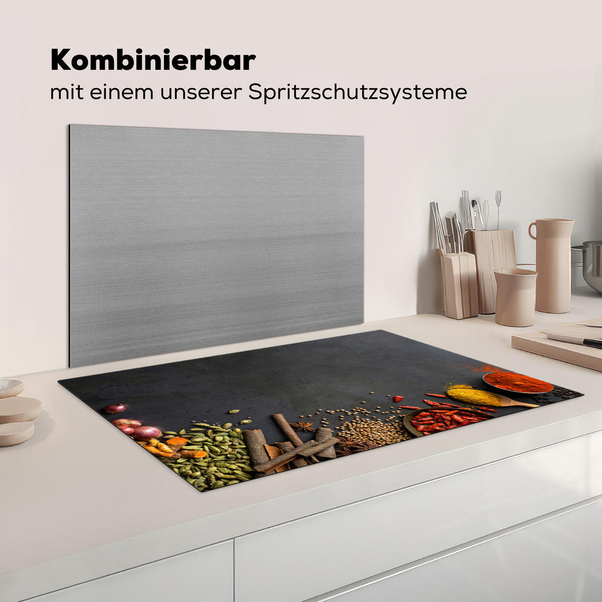 HERDABDECKPLATTE Kräuter - Lebensmittel - Gewürze - Schwarz - Paprika - Zimt Induktionsmatte 83x51 cm - Currygelb, Kunststoff (83/51.5/0.2cm) - MuchoWow
