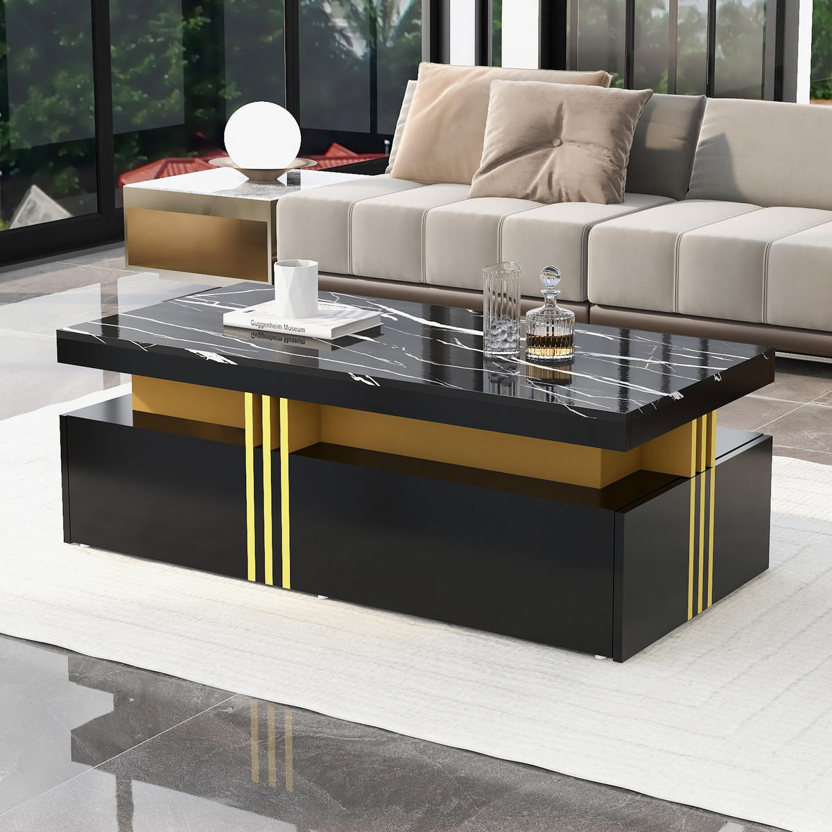 COUCHTISCH in Schwarz mit Hochglanzplatte und Schubladen für Wohnzimmer, B100/T50/H40 cm - Schwarz, Holzwerkstoff (50/100/40cm) - STILVORA