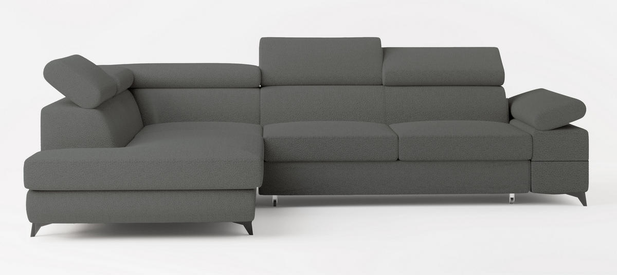 ECKSOFA FAVIEN L-S Grau Boucle-Stoff mit Schlaffunktion - Grau, Holz (257/190cm) - MASSENO