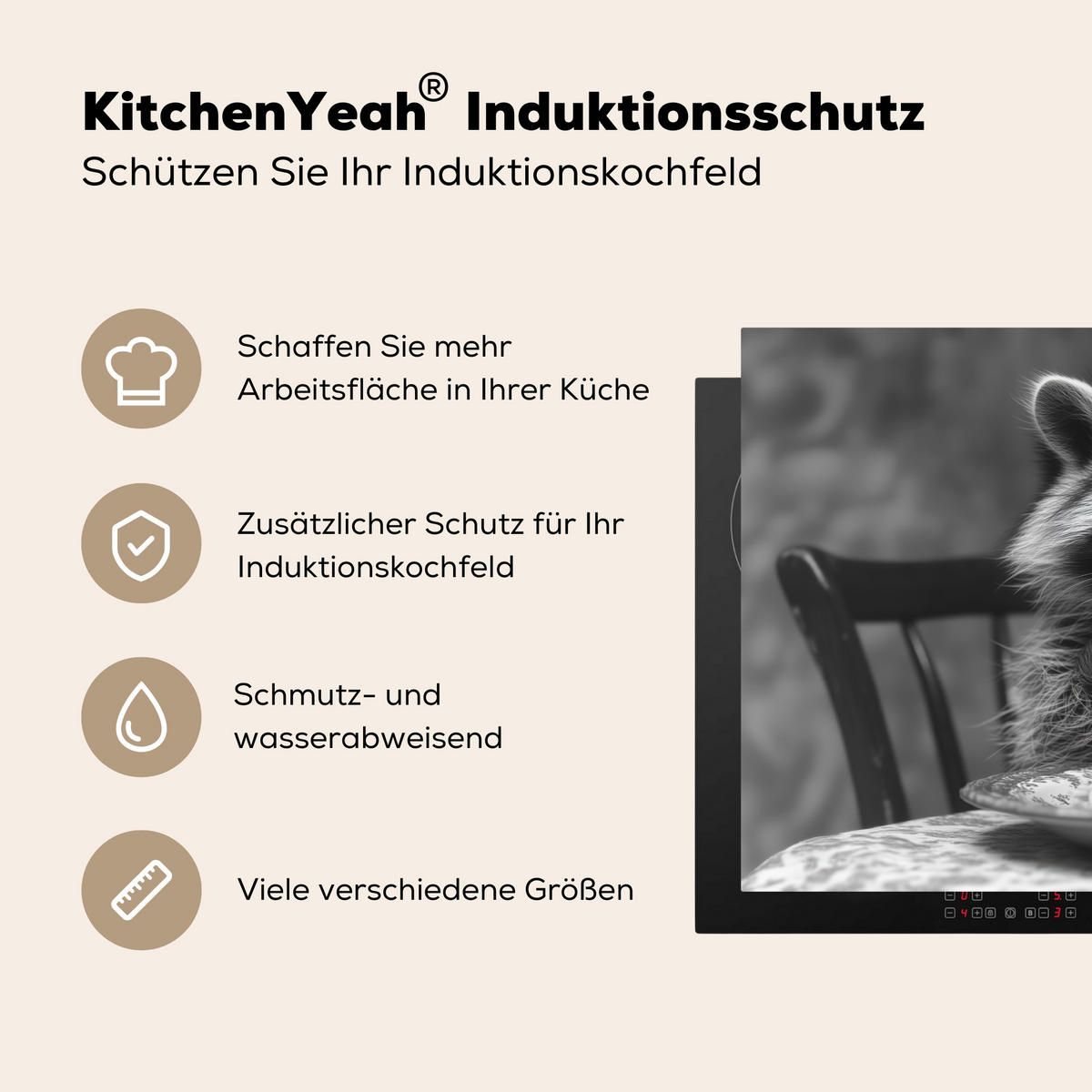 HERDABDECKPLATTE Waschbär - Niedlich - Pasta - Tischtuch - Schwarz - Weiß Ceranfeldabdeckung 90x52 cm - Grau, Kunststoff (90/52/0.2cm) - MuchoWow