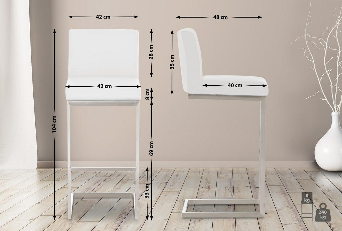 BARHOCKER Lederlook Weiß - Edelstahlfarben/Weiß, Textil/Metall (42/104/48cm) - CLP