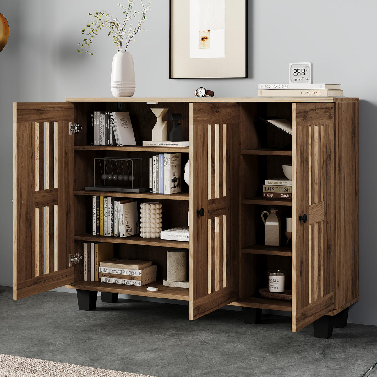 SIDEBOARD 120/32/92 cm mit 3 Türen in Naturfarbe und 8 Fächern - Naturfarben, Holzwerkstoff (120/92/32cm) - BEAOK