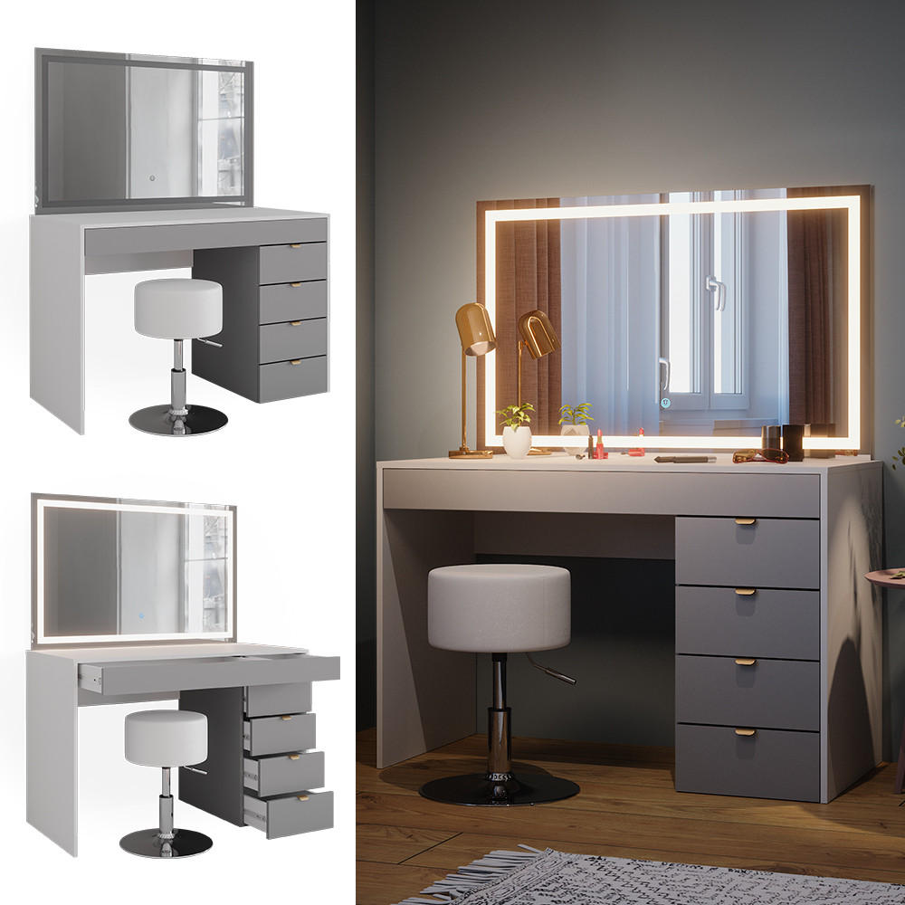 SCHMINKTISCH Elise Weiß/Grau/Grau 115 cm mit LED-Spiegel & Hocker - Weiß/Grau, Holzwerkstoff (115/76/55cm) - Vicco