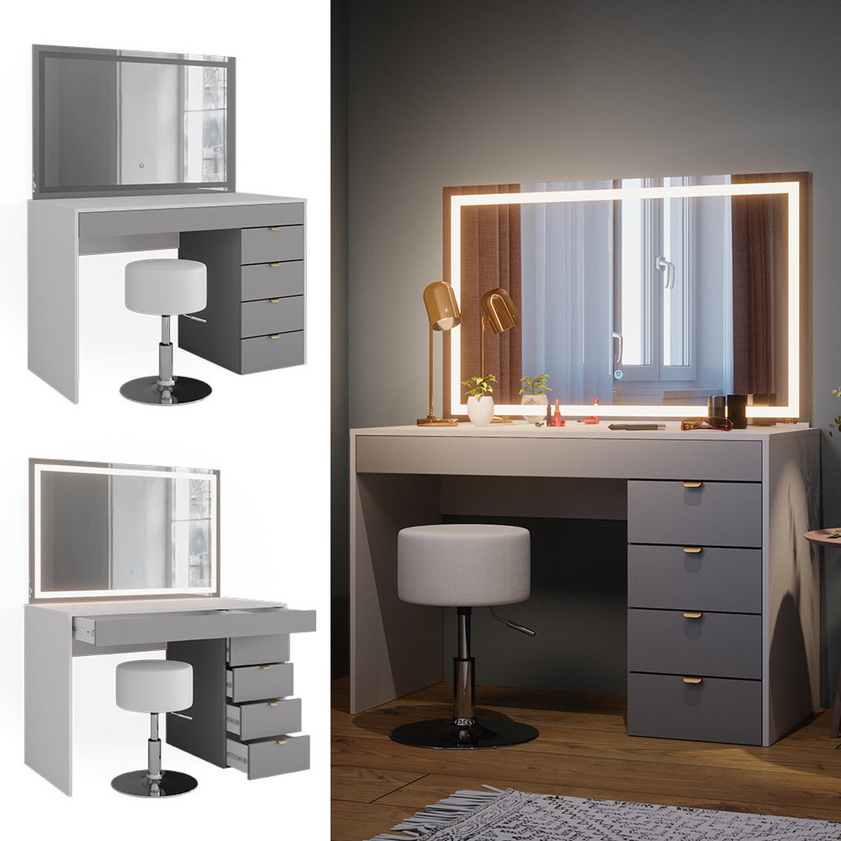 SCHMINKTISCH Elise Weiß/Grau/Grau 115 cm mit LED-Spiegel & Hocker - Weiß/Grau, Holzwerkstoff (115/76/55cm) - Vicco