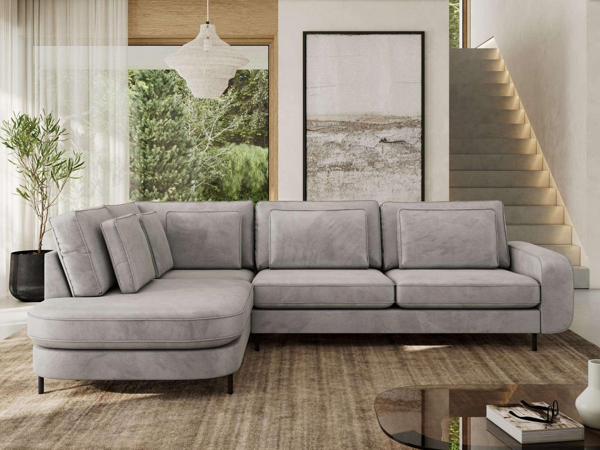 ROHOVÁ SEDAČKA CALENO L - Světle šedá Samet - Pravá Strana - černá/světle šedá, kov/textil (317/225cm) - MKS